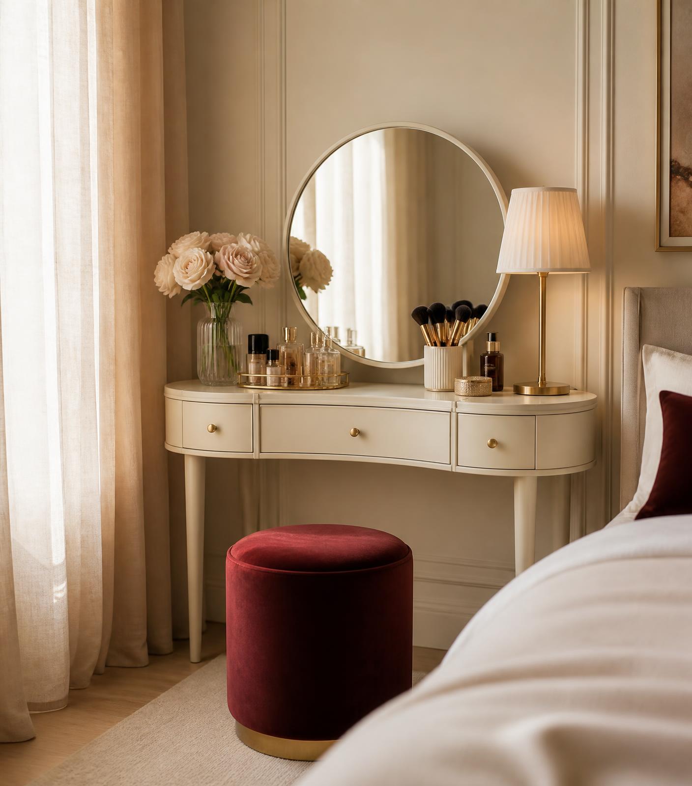 Chambre MODARNA avec coiffeuse, miroir et pouf en velours