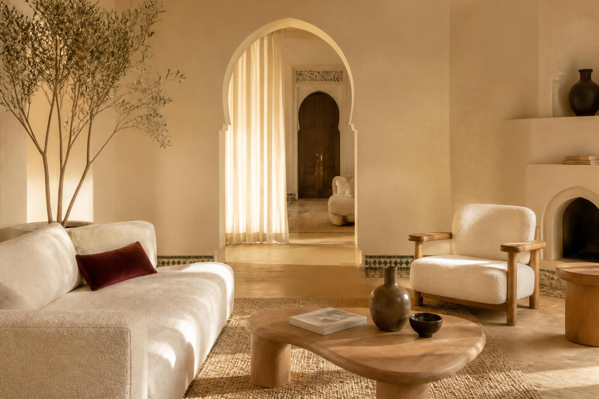Salon marocain contemporain aux teintes ivoire, mobilier MODARNA baigné de lumière naturelle