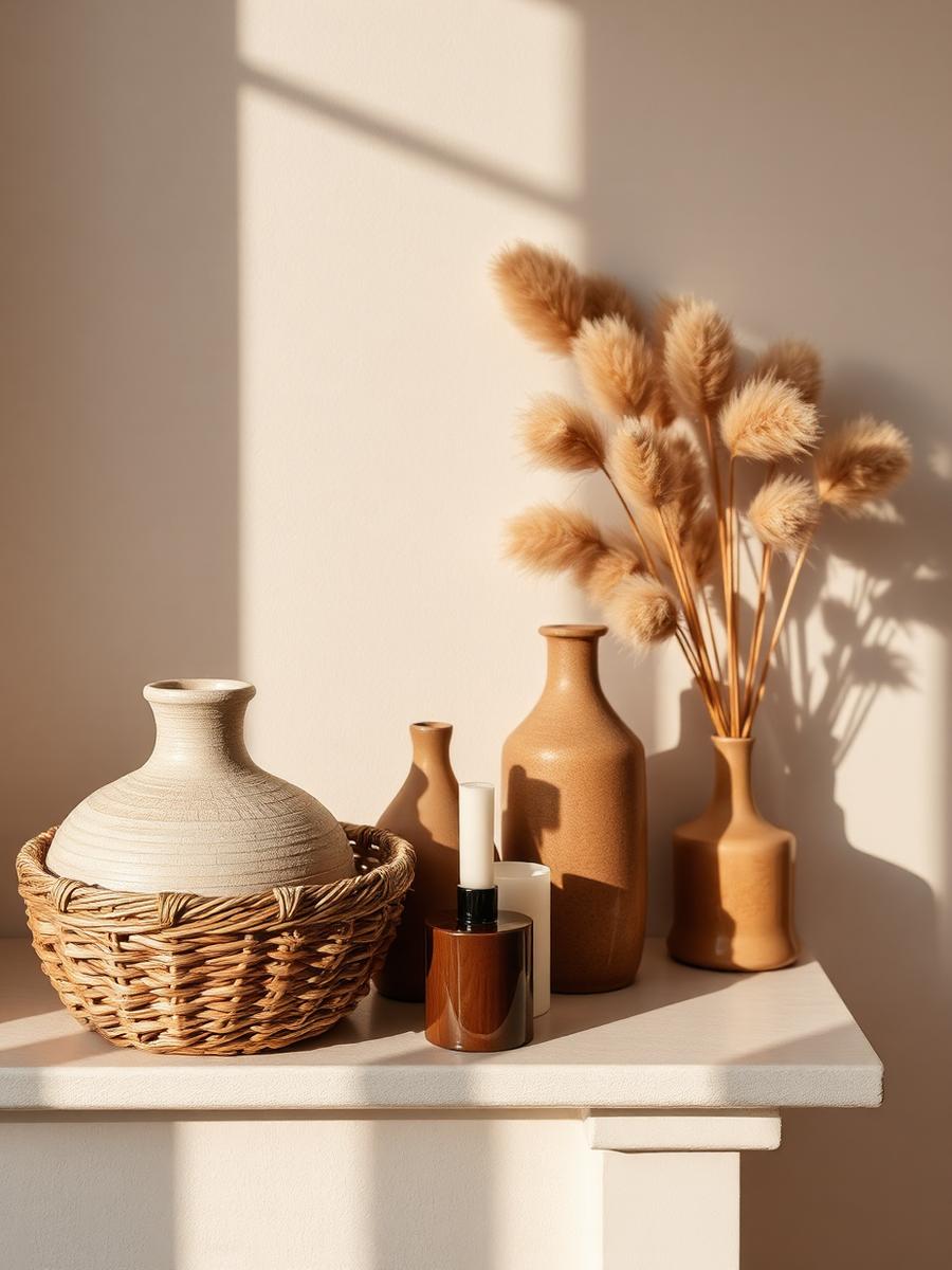 Objets de décoration en céramique et fibres naturelles